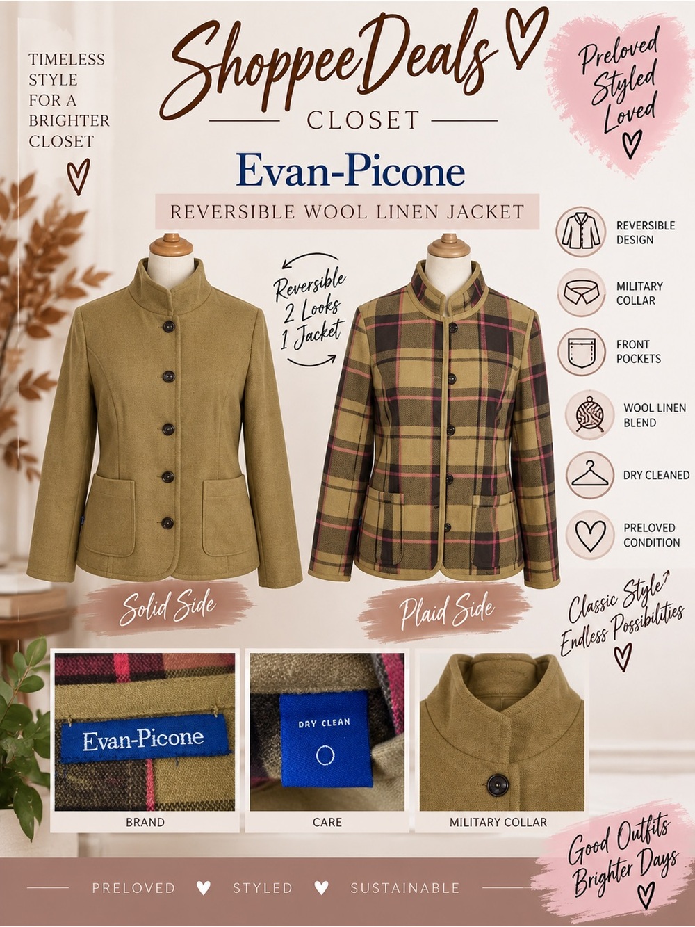 Evan-Picone Reversible Wool Blend Plaid Jacket